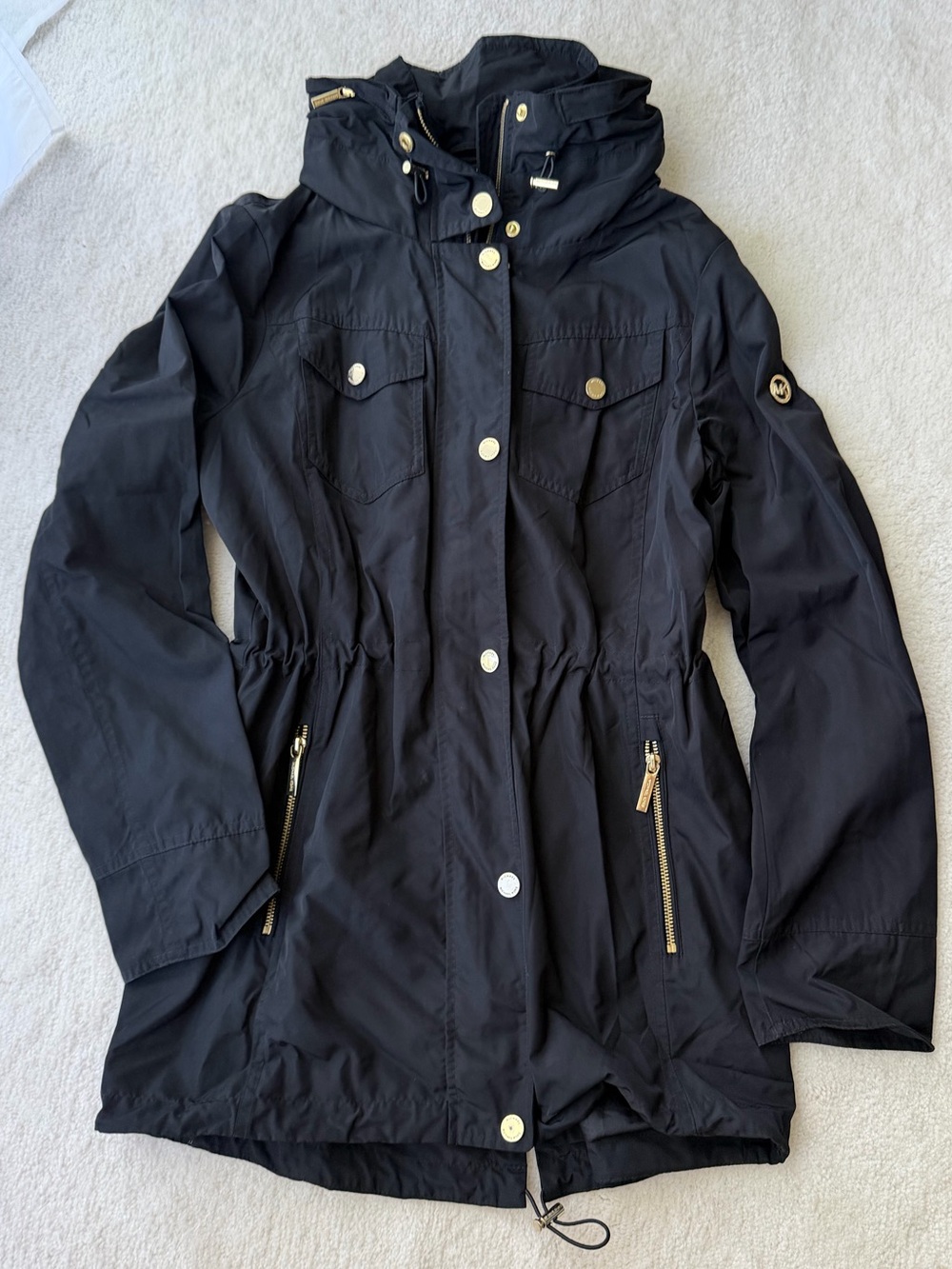 Michael Kors Anorak Black Hooded Adjustable Utility Jacket with Gold Hardware